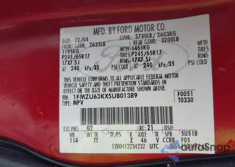 2005 Ford Explorer Xlt/Xlt Sport из США, поврежденный, VIN 1FMZU63KX5UB01389